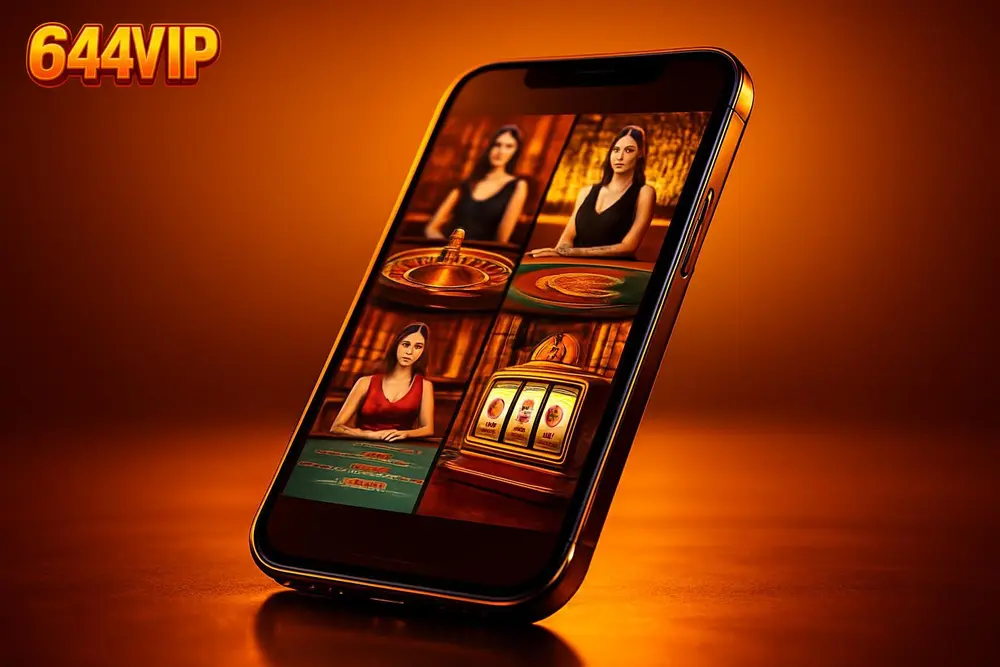 644VIP Bangladesh โ a smartphone displaying a colorful live casino game lobby 644VIP Bangladesh โ a smartphone displaying a colorful live casino game lobby