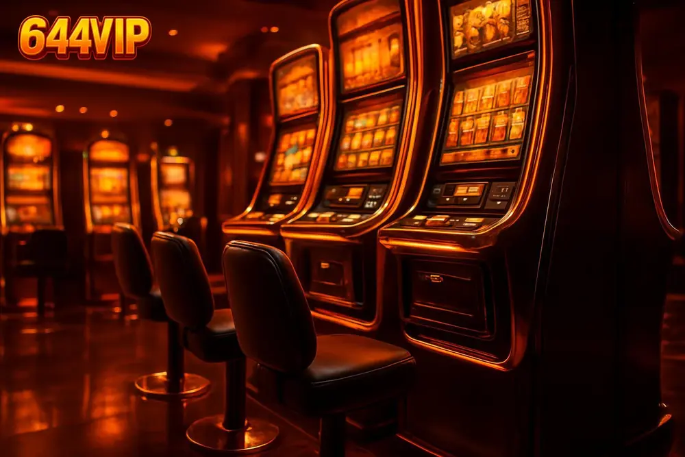 644VIP Bangladesh โ a vibrant orange and black casino lobby with glowing slot machines 644VIP Bangladesh โ a vibrant orange and black casino lobby with glowing slot machines